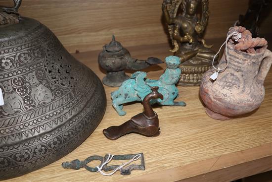 Two brass deities, an Indus Valley? terracotta jug, oil lamps etc